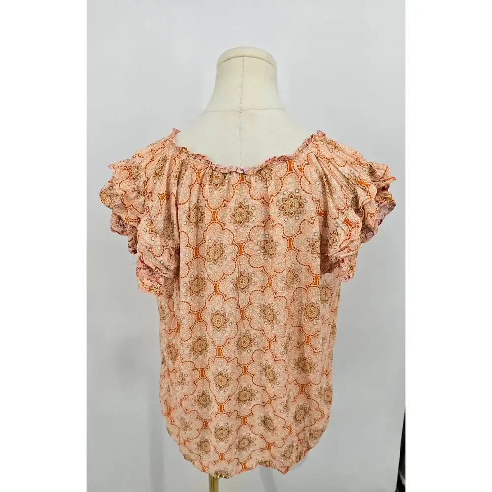 Rose +‎ Olive Romantic Boho Festival Floral Tile Print Tassel Blouse